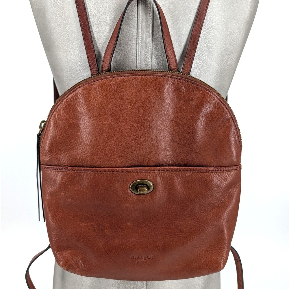 Margot Leather Backpack Cognac Brown Turn Lock Dome‎ Bag Small